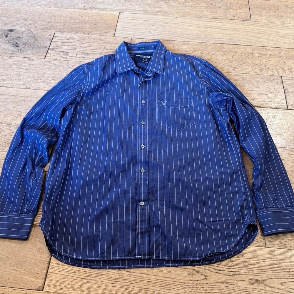 American Eagle Outfitters Blue White Pinstripe Long Sleeve Shirt XL TG (1182)
